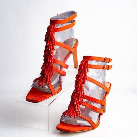 Boden Womens Sandals Heels Orange Strappy Beaded Open Toe Suede US 7 EU 38 - Picture 1 of 10